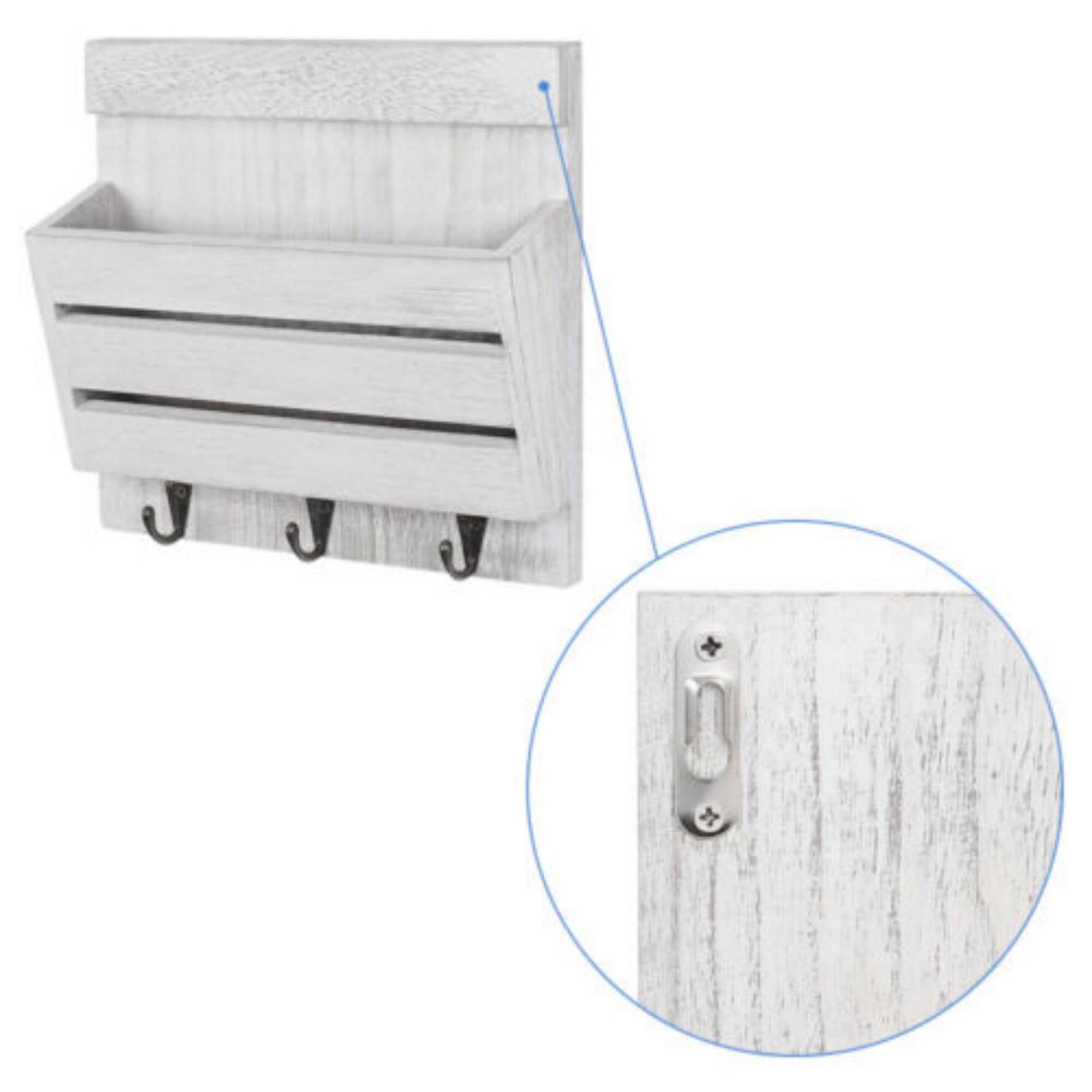 NEX™ 10" Rustic White Gray Wood Wall-Mounted Mail & Key Holder Organizer with 3 Key Hooks
